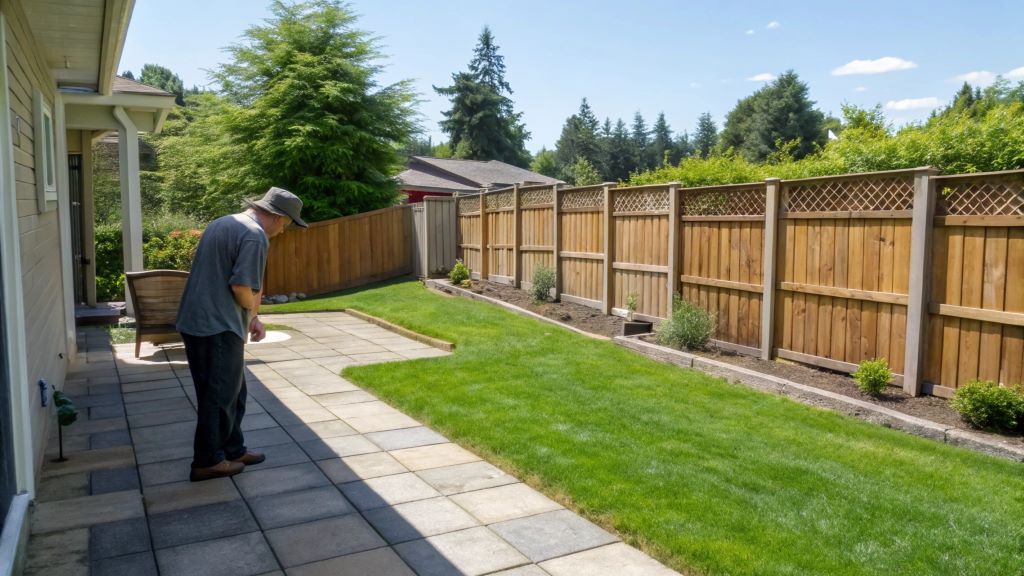 Illustration of a tenant inspecting a backyard, checking fence, grass, and patio, representing a comprehensive rental backyard inspection guide