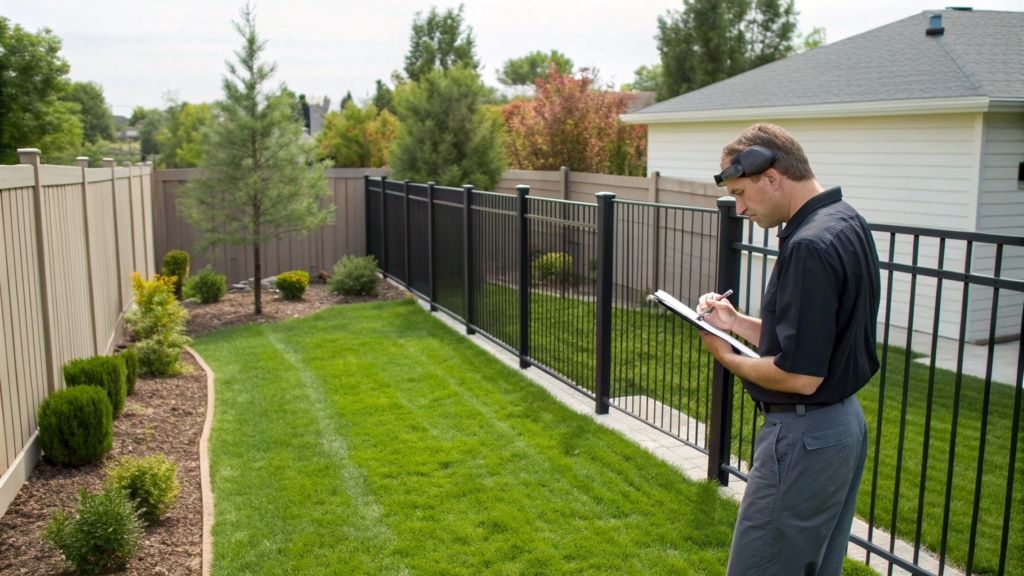 Tenant conducting a thorough backyard inspection of a rental property, checking fences, landscaping, and safety features