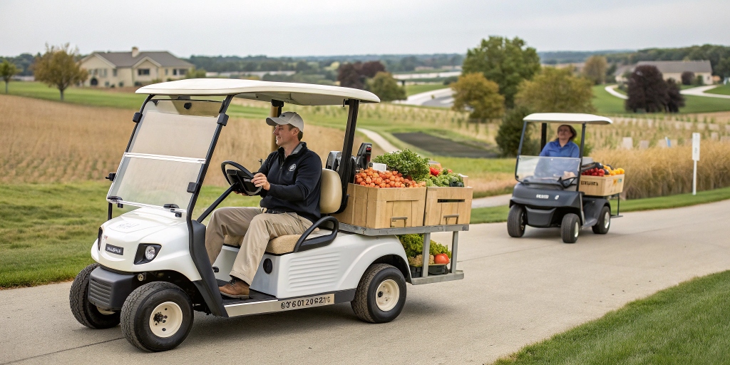 A golf cart decorated with balloons and streamers, being used to transport people or supplies in a neighborhood or a large campus, illustrating its uses beyond the golf course