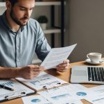 Entrepreneur reviewing business plan and financial documents to prepare for lender meeting