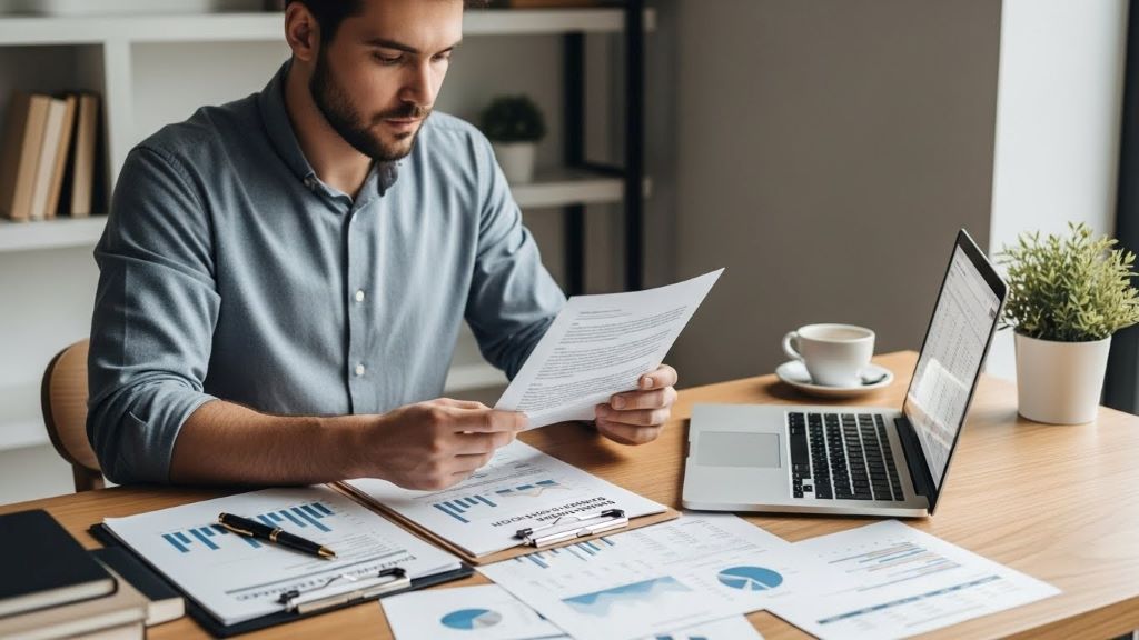 Entrepreneur reviewing business plan and financial documents to prepare for lender meeting