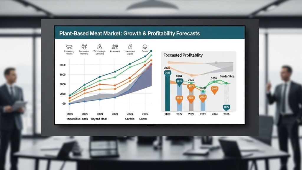 Graph showing plant-based meat market growth projections and profitability timeline forecasts for major companies