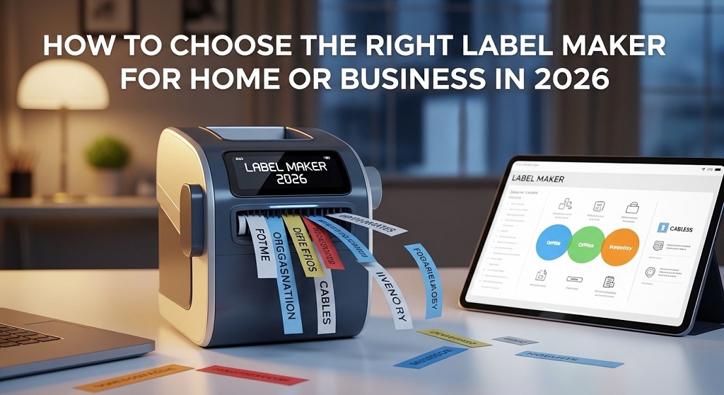 Portable label maker organizing home storage boxes