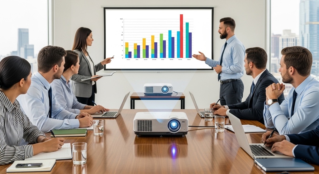 Business team using a projector during a corporate meeting presentation