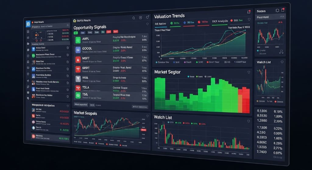 Stock market analysis dashboard showing opportunity signals and valuation trends