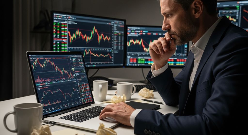 Investor reviewing market charts and sector data on a laptop before a market correction