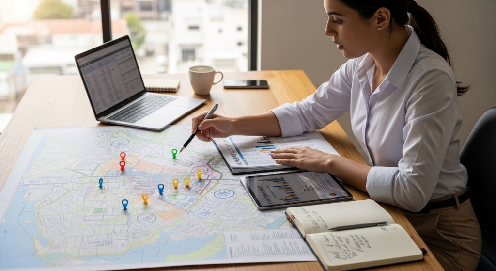 New real estate entrepreneur studying a local property market map