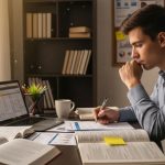 A beginner reviewing a real estate business plan at a desk