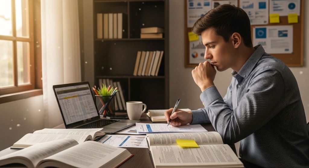 A beginner reviewing a real estate business plan at a desk