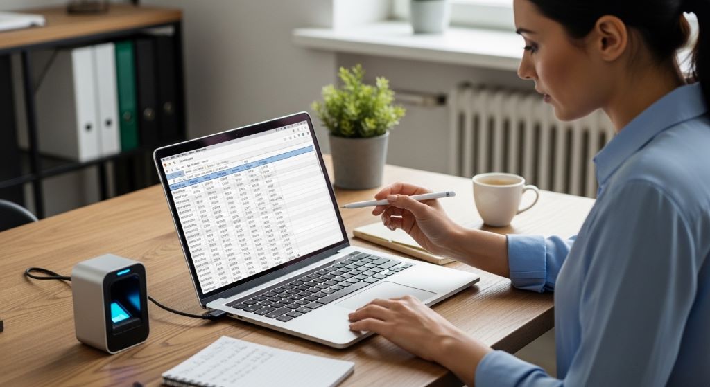 Small business owner reviewing employee attendance data on a laptop connected to a biometric system