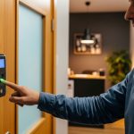 Employee scanning fingerprint on a biometric attendance machine at a small business entrance