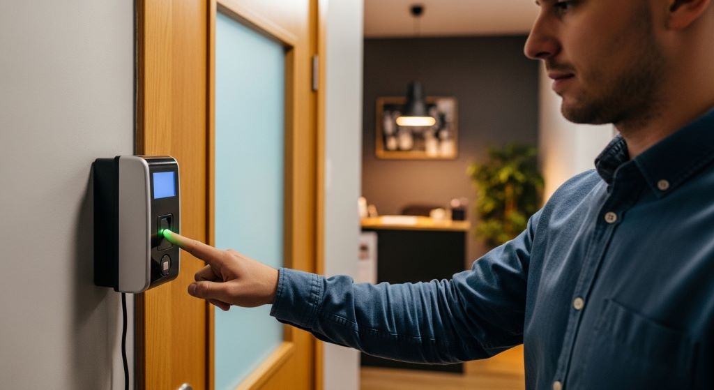 Employee scanning fingerprint on a biometric attendance machine at a small business entrance