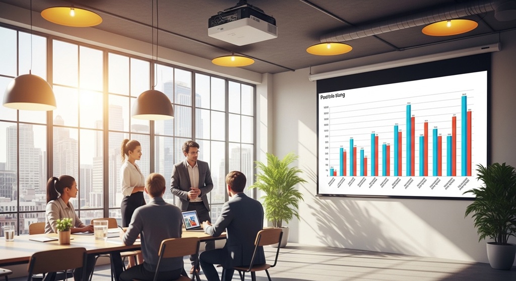 High gain projector screen brightening up a large meeting room with ambient light.