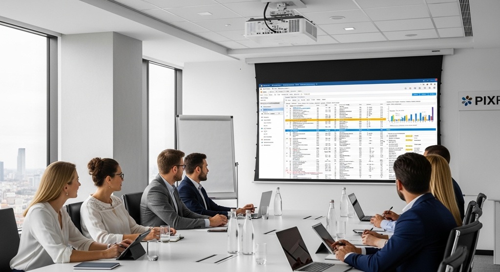 Modern conference room with projector displaying data charts