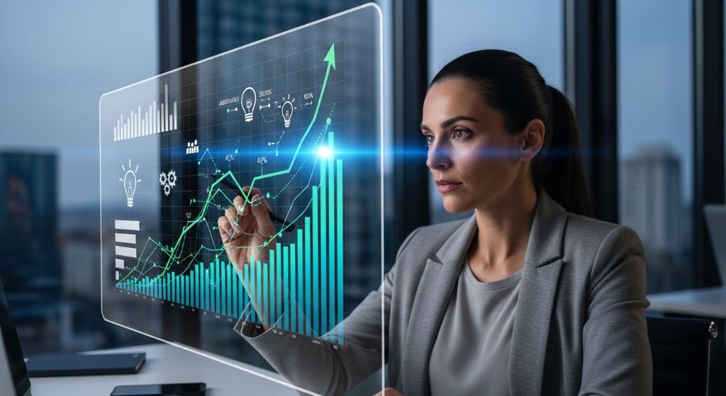 An entrepreneur reviewing a growth chart on a digital screen, representing business adaptability and innovation in action