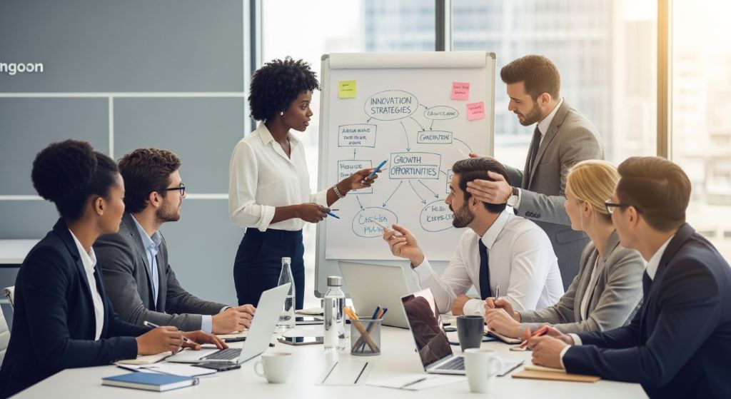 A diverse business team collaborating around a table, brainstorming innovation strategies to unlock growth opportunities
