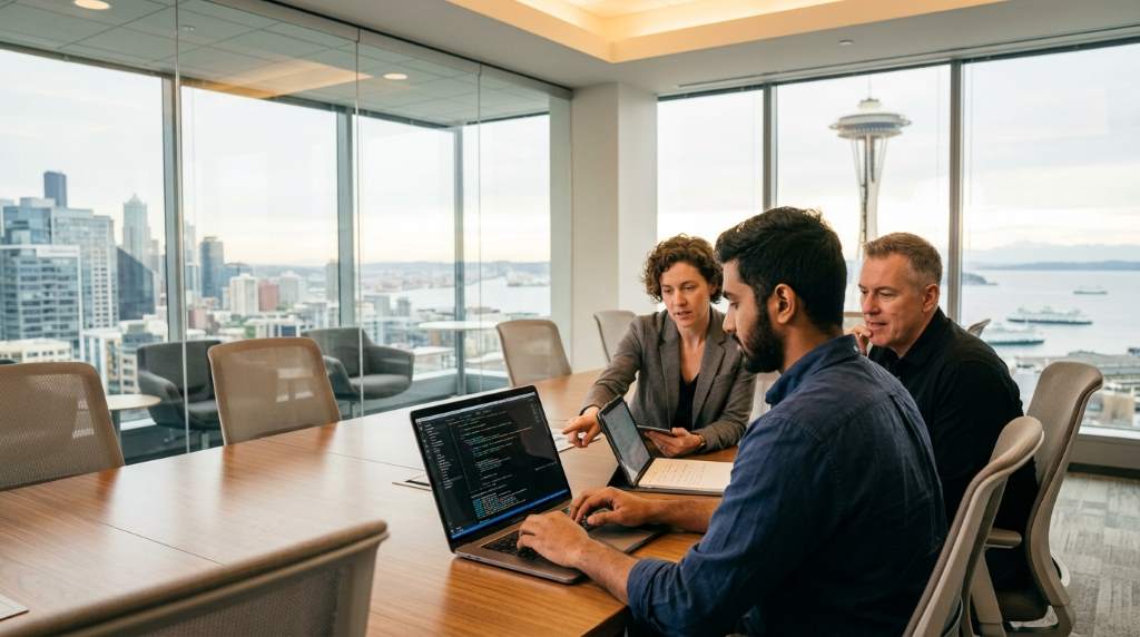 A job candidate in Seattle conducting a tech check on a laptop at a home office desk