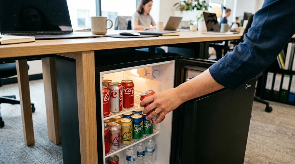 Person reaching for a drink inside a compact mini fridge under a desk.