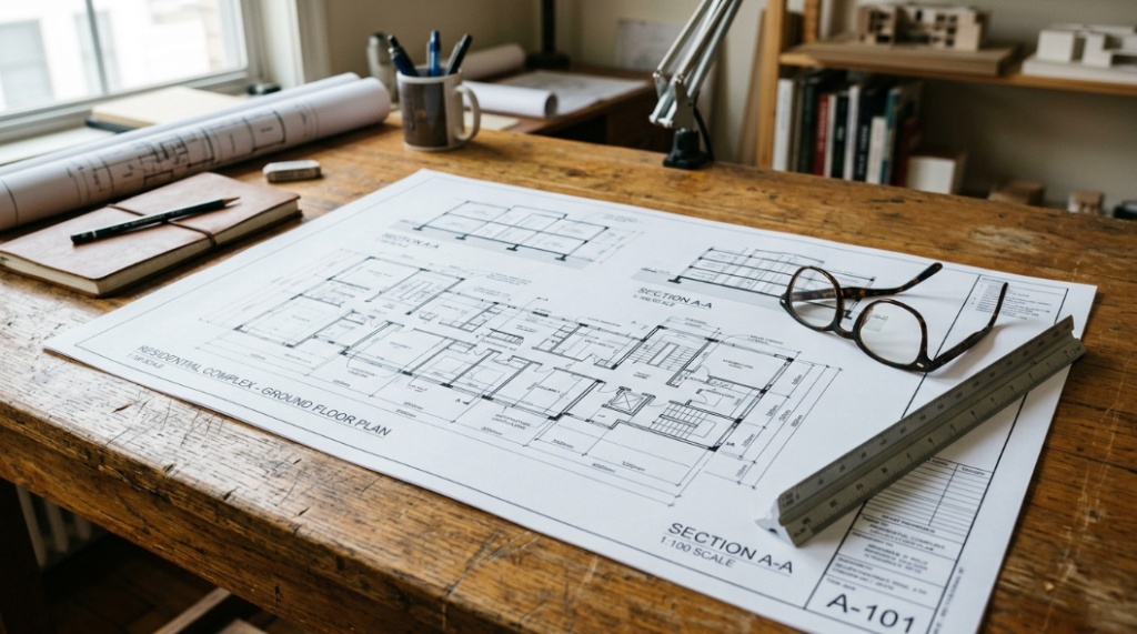 Professional architectural blueprints printed on 11x17 heavy-duty paper laying on a wooden workspace.