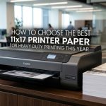 High-end office printer with 11x17 paper stack and title text overlay for heavy-duty printing guide.