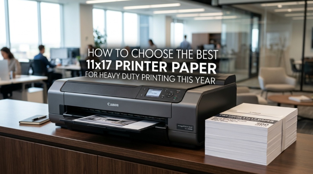 High-end office printer with 11x17 paper stack and title text overlay for heavy-duty printing guide.