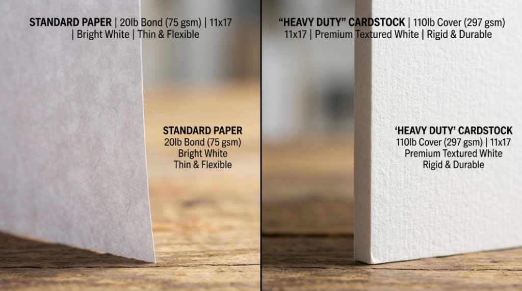 Close-up comparison of standard printer paper versus thick, heavy-duty 11x17 cardstock texture.