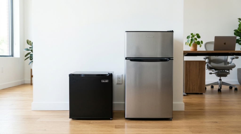 Sleek mini fridge under a breakroom counter in a modern office setting.