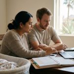 New parents in Phoenix AZ reviewing household budget and financial planning documents at home