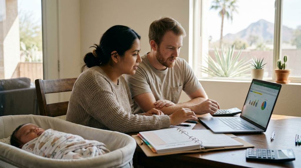 New parents in Phoenix AZ reviewing household budget and financial planning documents at home