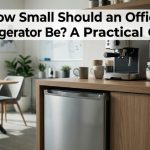Sleek mini fridge under a breakroom counter in a modern office setting.