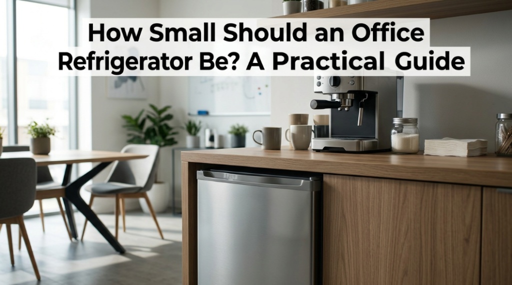 Sleek mini fridge under a breakroom counter in a modern office setting.