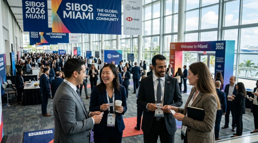 Financial professionals networking at a global banking conference, representing the Sibos 2026 Miami event