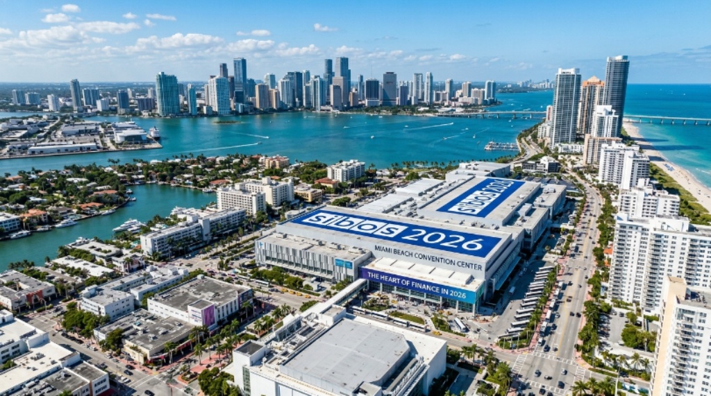 Aerial view of Miami Beach Convention Center with the city skyline in the background, venue for Sibos 2026