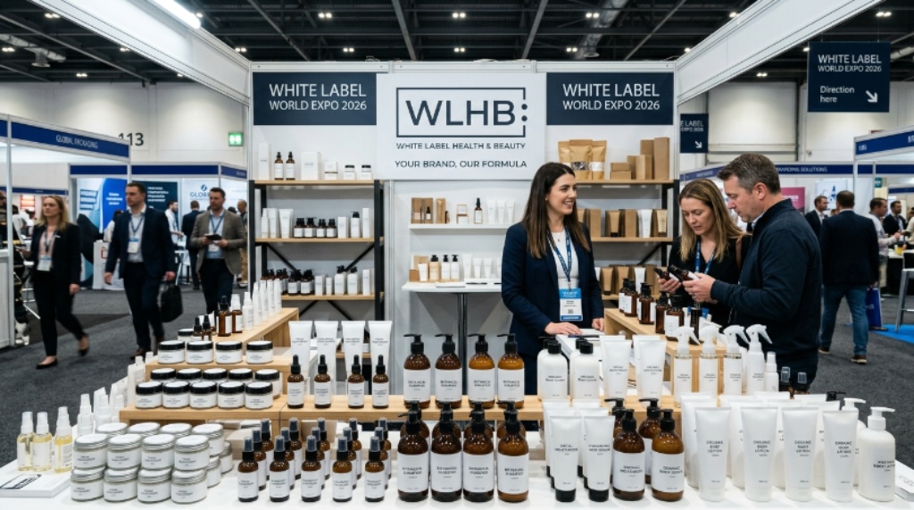 A display of white label health and beauty products at a supplier booth during the White Label World Expo 2026 trade show