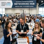 Entrepreneurs and suppliers networking on the exhibition floor at the White Label World Expo 2026 at the Las Vegas Convention Center