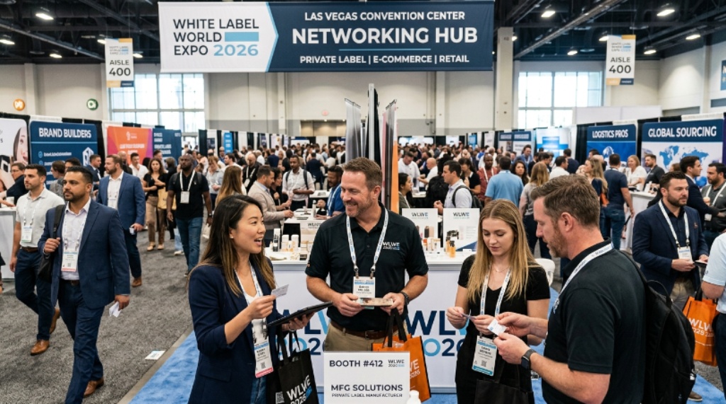 Entrepreneurs and suppliers networking on the exhibition floor at the White Label World Expo 2026 at the Las Vegas Convention Center