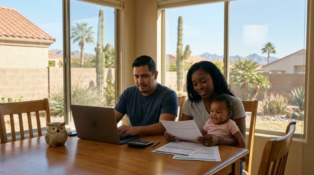 Young family in Phoenix Arizona discussing savings goals and emergency fund strategies together