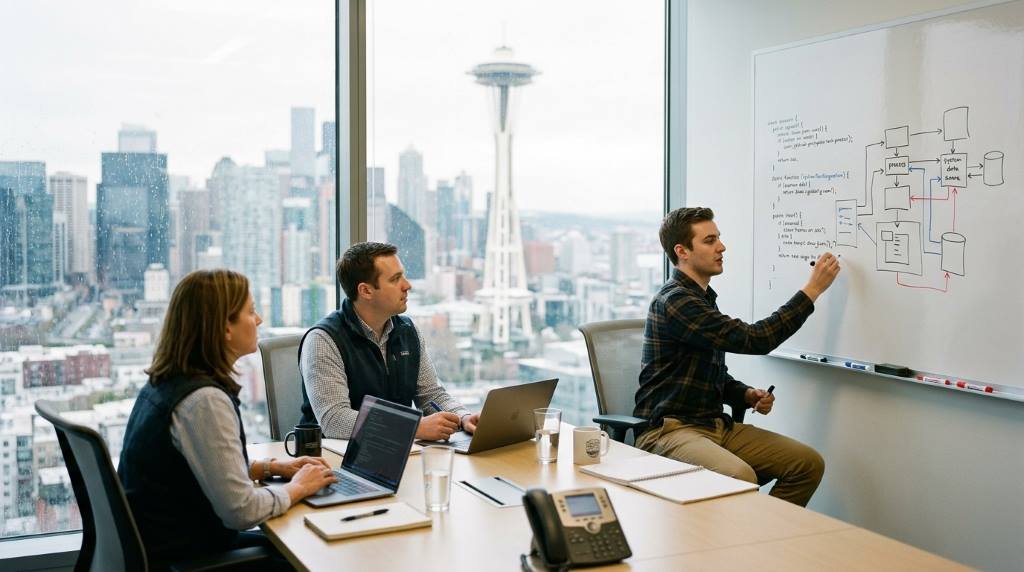 tech candidates in a Seattle coworking space preparing for virtual job interviews