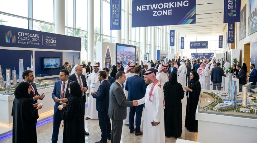 Investors and real estate developers networking on the exhibition floor at Cityscape Global 2026 in Riyadh Saudi Arabia