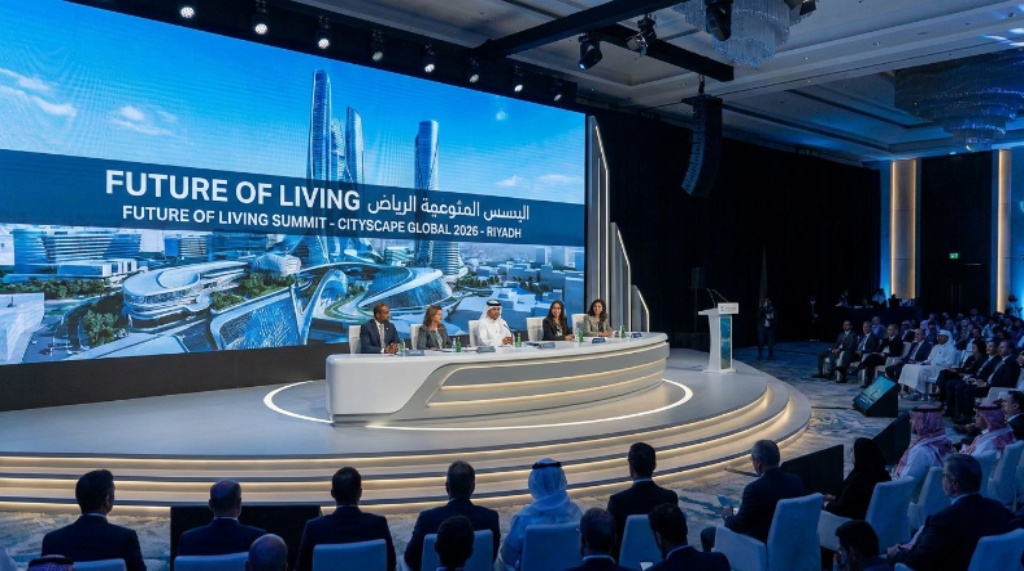 Panel of speakers presenting at the Future of Living Summit conference stage at Cityscape Global 2026 Riyadh