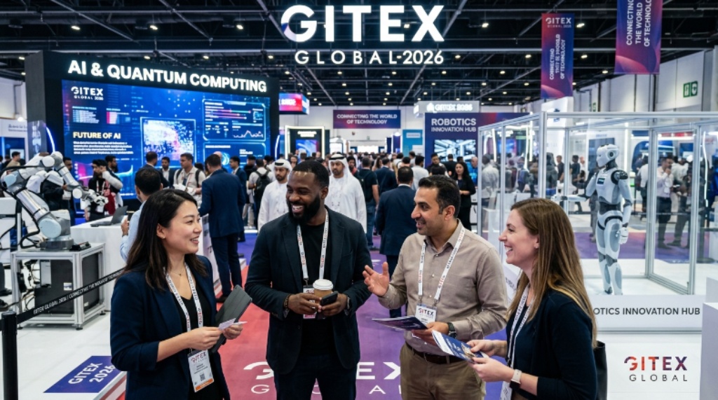 Tech professionals networking at GITEX Global 2026 with AI and robotics displays in the background