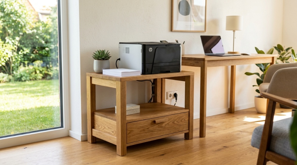 Wooden printer stand with shelves organizing printer paper and office supplies.