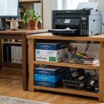 Solid oak printer stand sitting in a bright home office workspace.