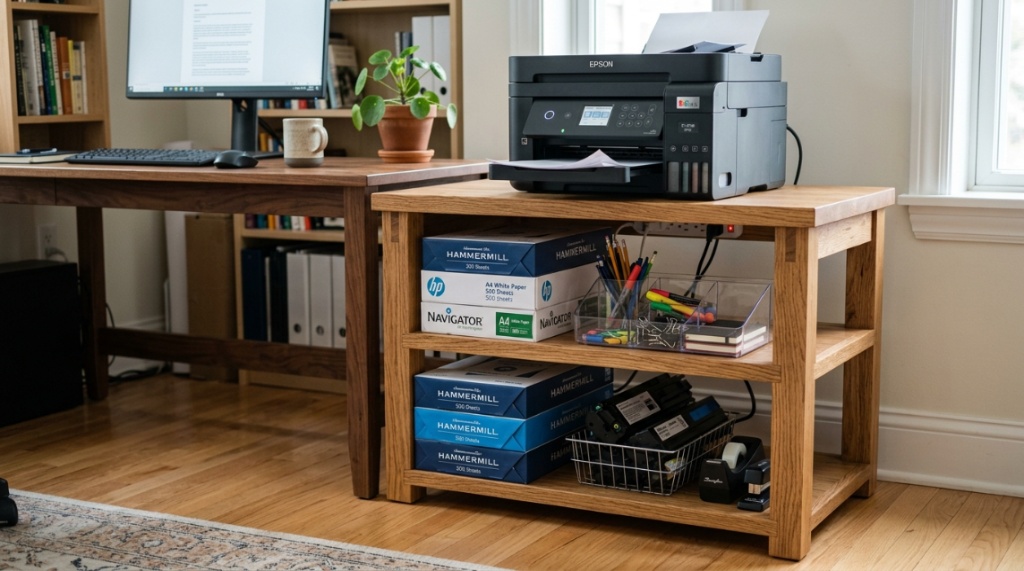 Solid oak printer stand sitting in a bright home office workspace.