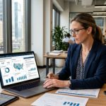 A commercial real estate investor reviewing portfolio dashboards and investor reports on a laptop using real estate investment management software in a US office