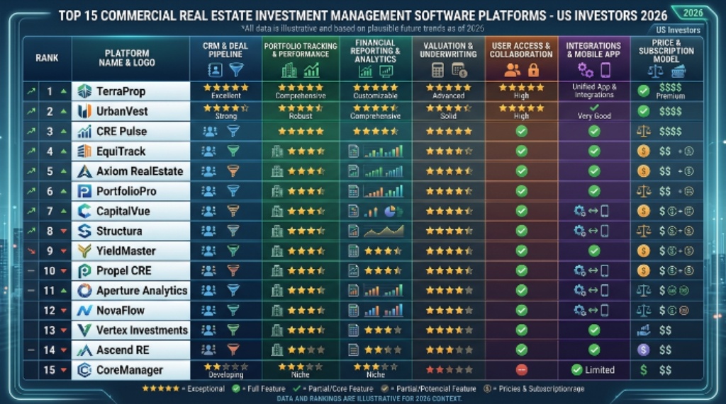 Side-by-side comparison chart of the top 15 commercial real estate investment management software platforms used by US investors in 2026
