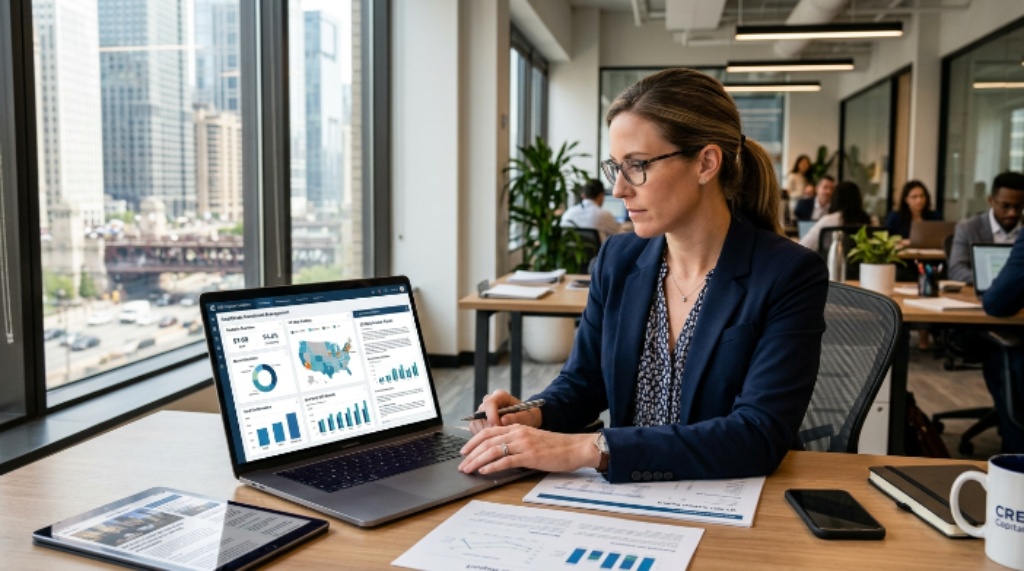 A commercial real estate investor reviewing portfolio dashboards and investor reports on a laptop using real estate investment management software in a US office