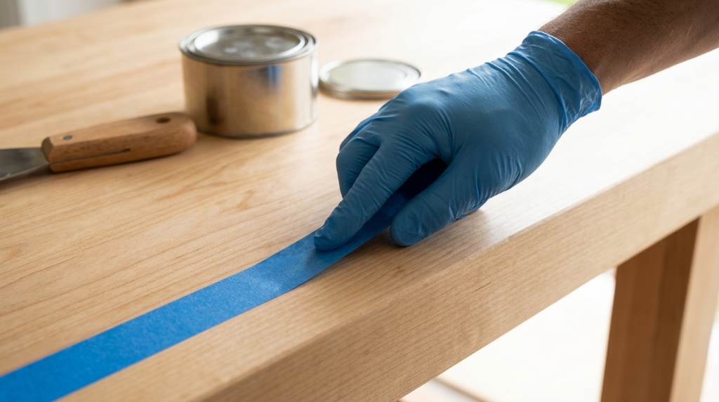 Microfiber cloth cleaning sticky residue on a desk