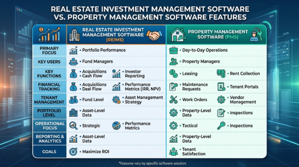 A side-by-side comparison chart showing the differences between real estate investment management software and property management software features