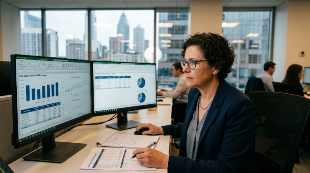 An asset manager analyzing real estate portfolio IRR and investor distribution reports on investment management software at a US investment firm